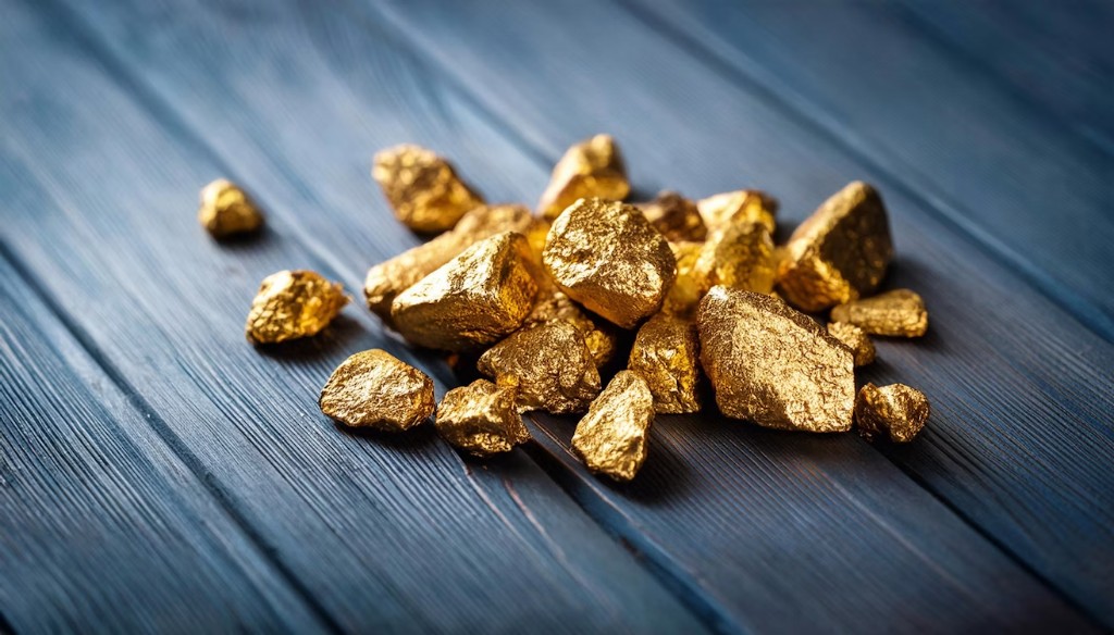 Multiple raw gold nuggets on display